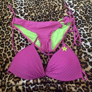 Women's Pink Polka Dot Triangle Bikini Set with Lime Lining